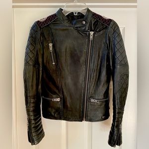 Madison Scotch Black/Multi Leather Jacket with Embroidered Back. Size Small